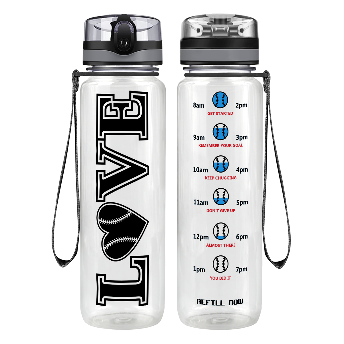 LOVE Baseball Heart on 32 oz Motivational Tracking Water Bottle
