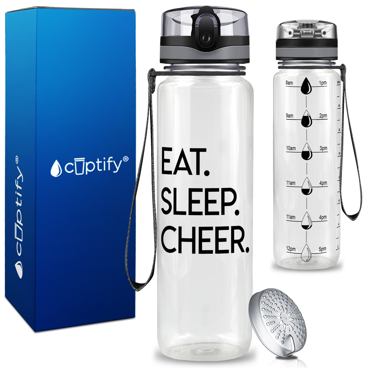 Eat Sleep Cheer on 32 oz Motivational Tracking Water Bottle