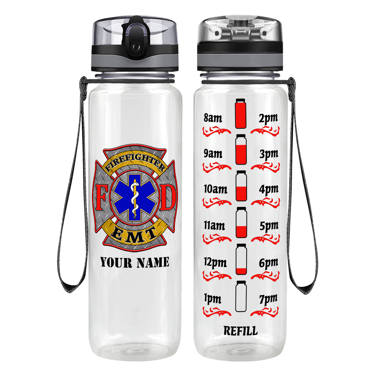 Personalized EMT Firefighter FD Badge Motivational Tracking Water Bottle