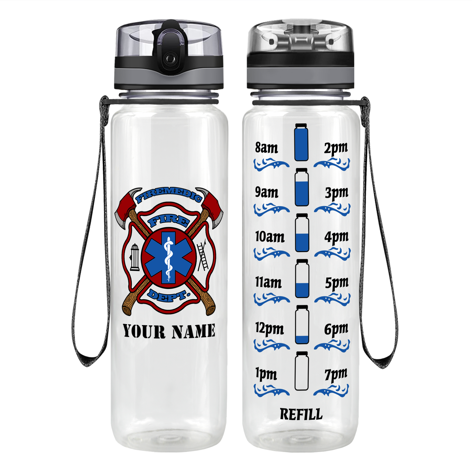 Personalized Firemedic Fire Department Badge Motivational Tracking Water Bottle