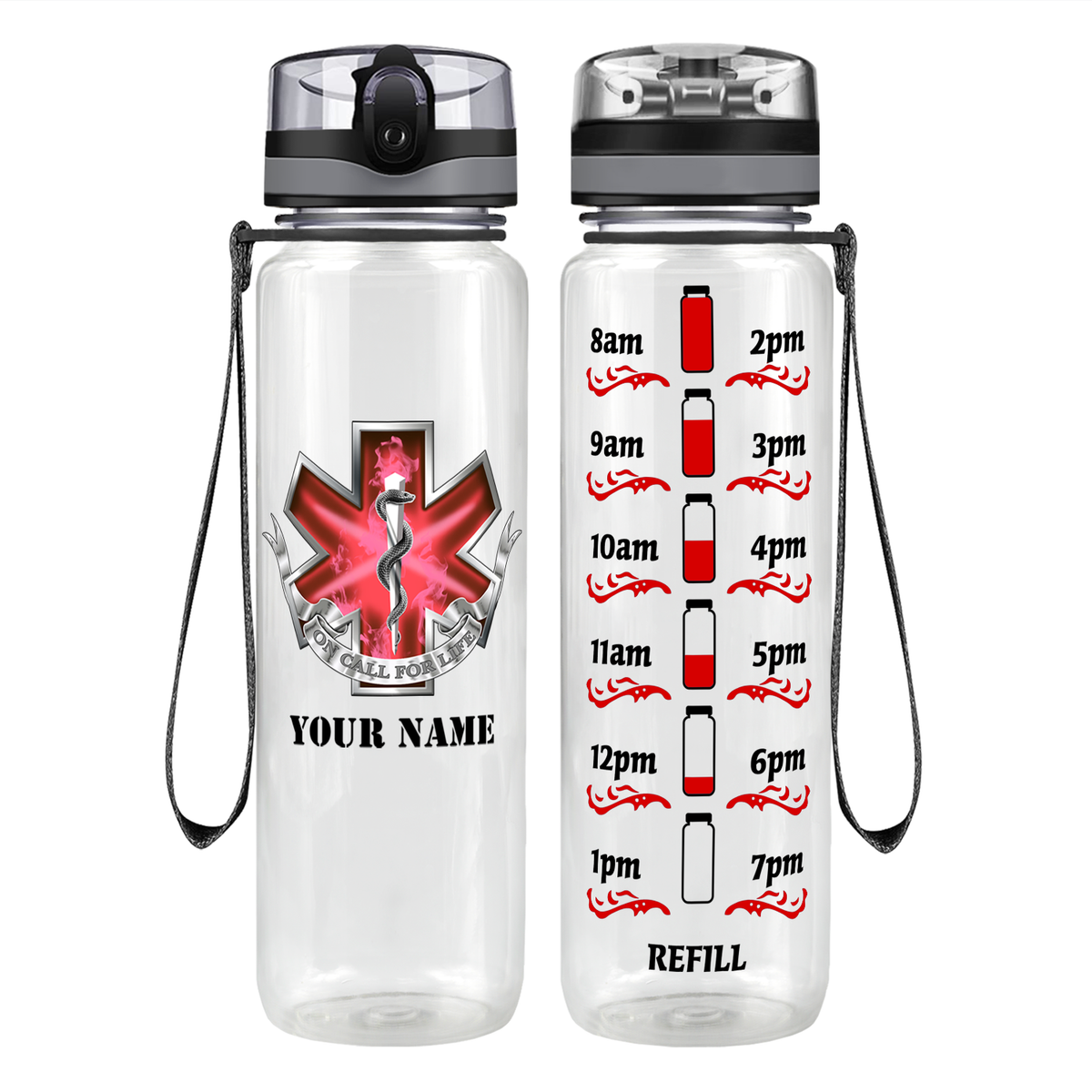 Personalized EMT EMS On Call for Life Red Badge Motivational Tracking Water Bottle