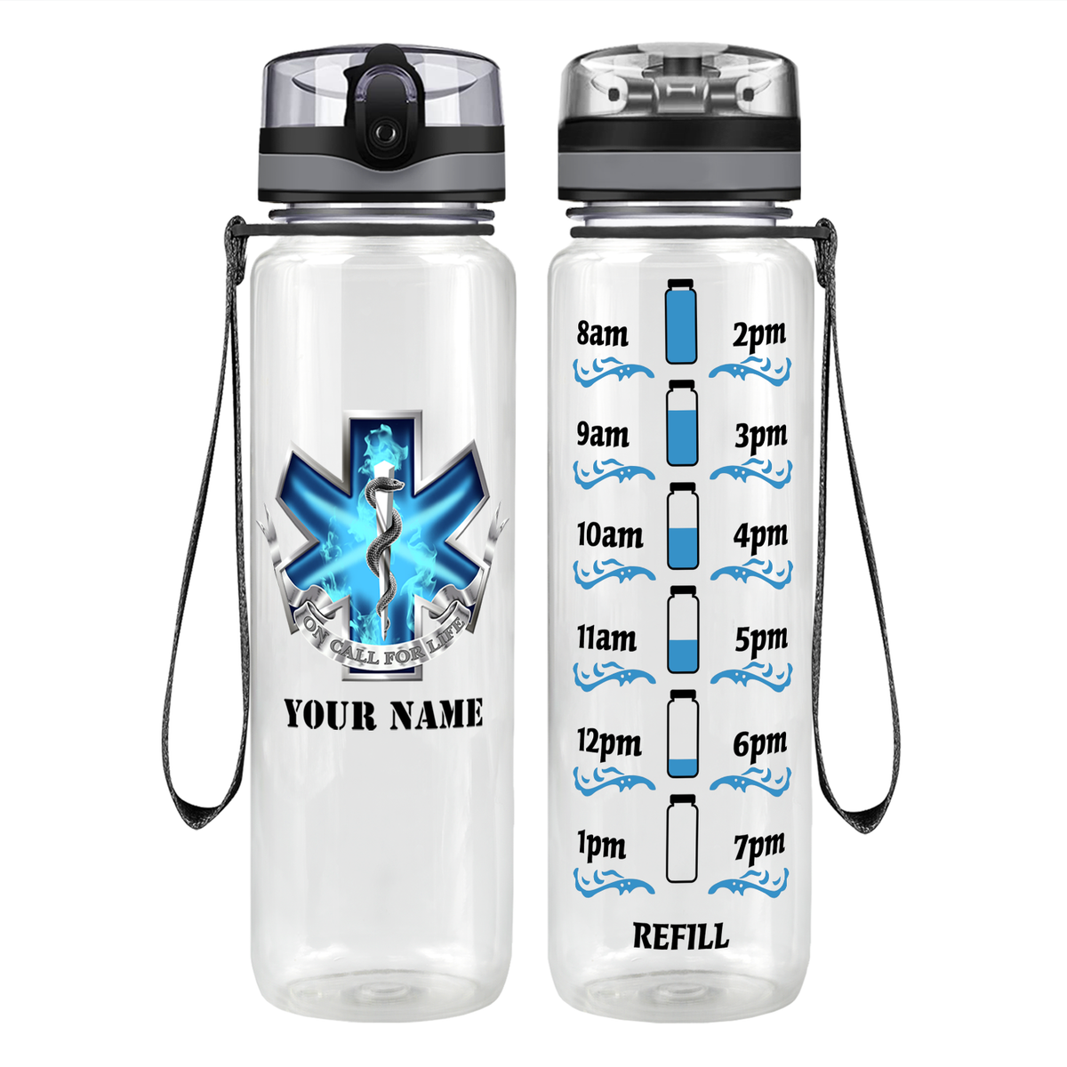 Personalized EMT EMS On Call for Life Blue Badge Motivational Tracking Water Bottle