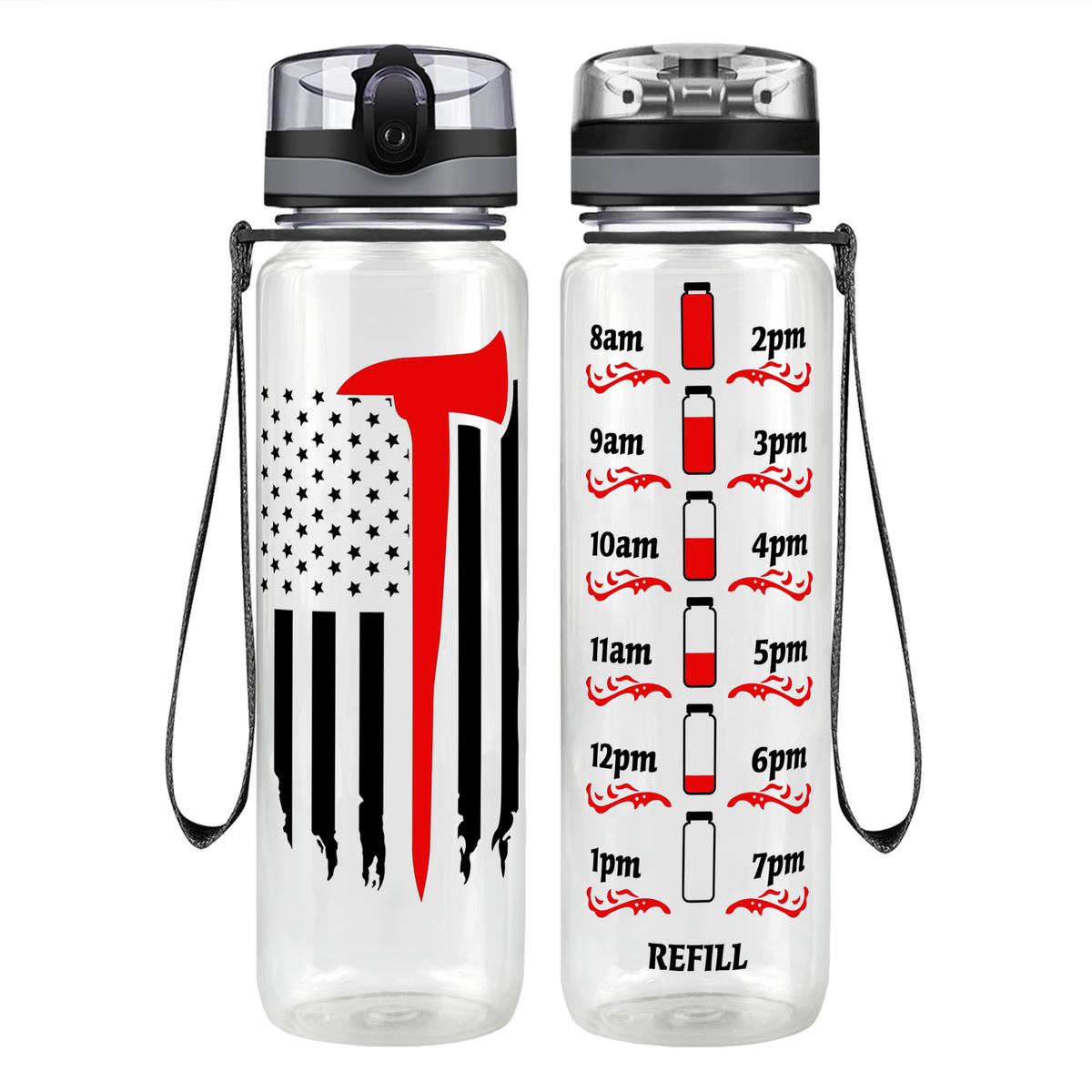 Firefighter Axe Flag on 32 oz Motivational Tracking Water Bottle