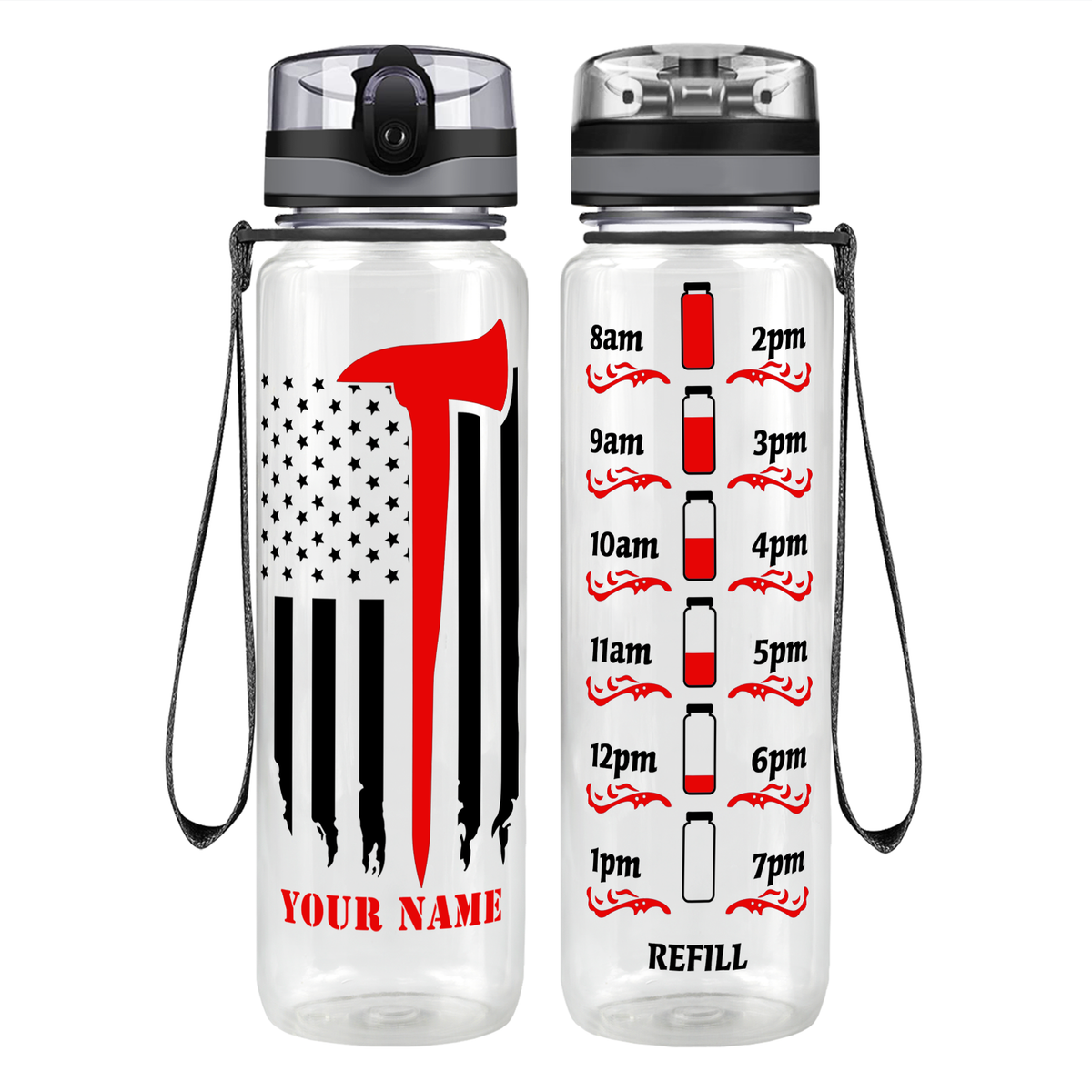 Personalized Firefighter Axe Flag Motivational Tracking Water Bottle