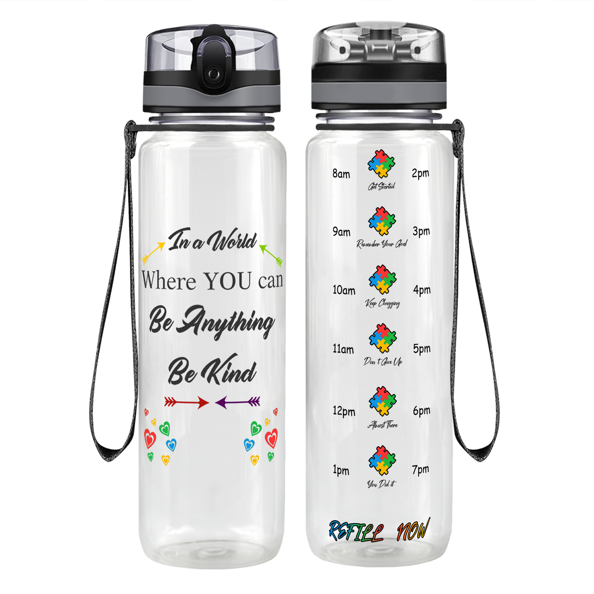 In a World Where You Can Be Anything Be Kind on 32 oz Motivational Tracking Water Bottle
