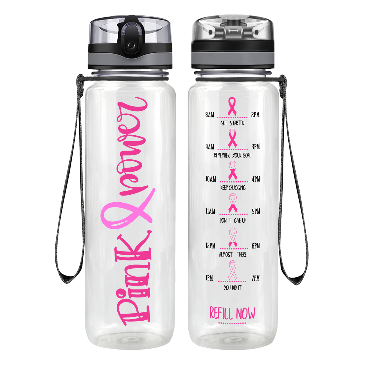 Pink Power on 32 oz Motivational Tracking Breast Cancer Awareness Water Bottle