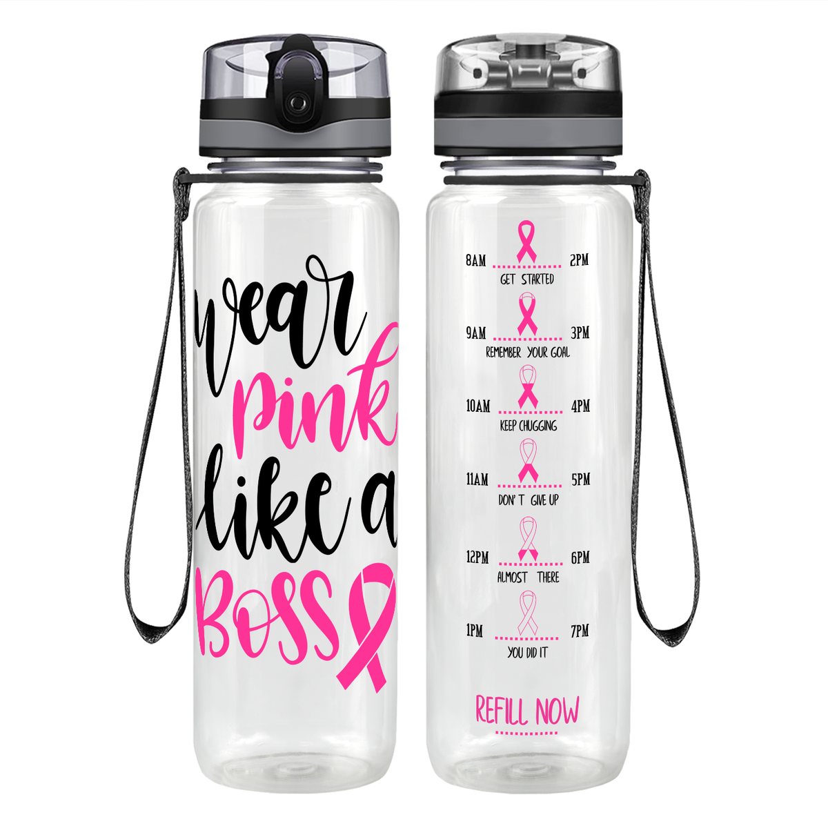 Wear Pink Like a Boss on 32 oz Motivational Tracking Breast Cancer Awareness Water Bottle