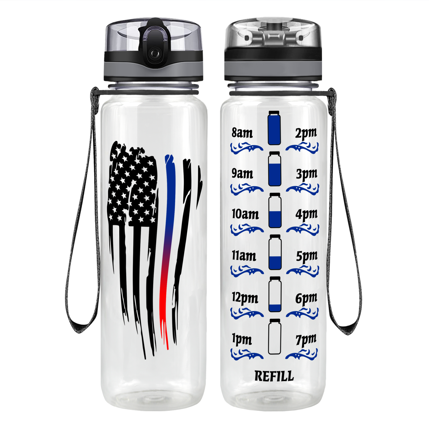 Wavy Blue Red Thin Line Flag Motivational Tracking Water Bottle