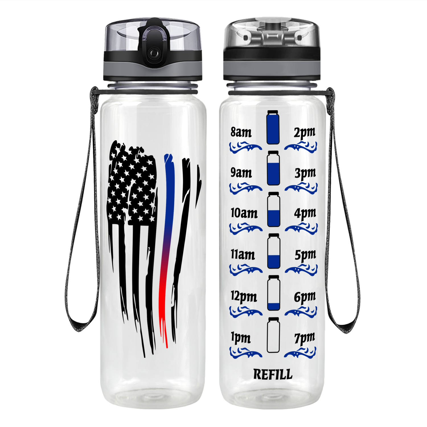 Wavy Blue Red Thin Line Flag on 32 oz Motivational Tracking Water Bottle