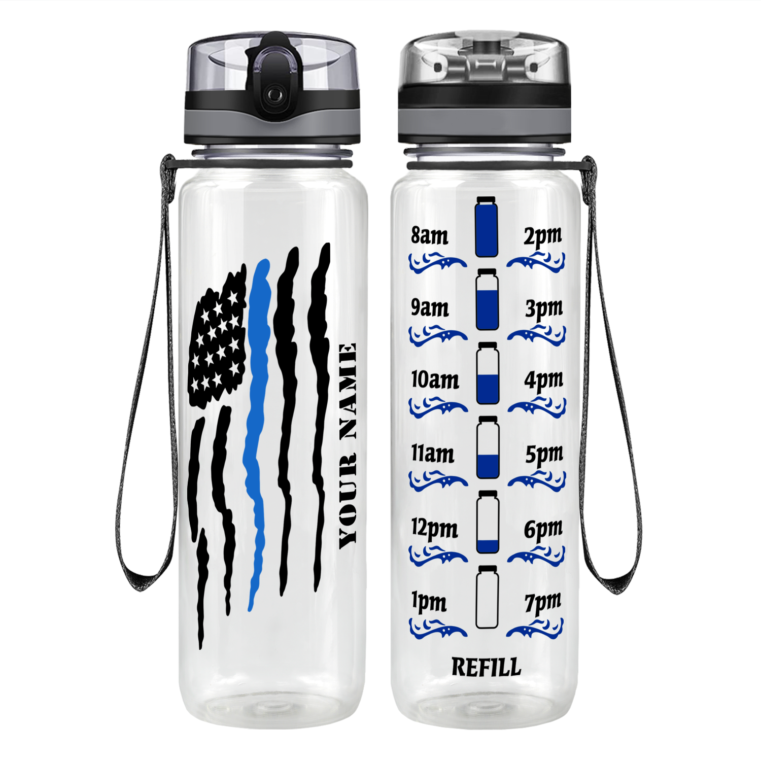 Personalized Thin Blue Line Police Flag Motivational Tracking Water Bottle