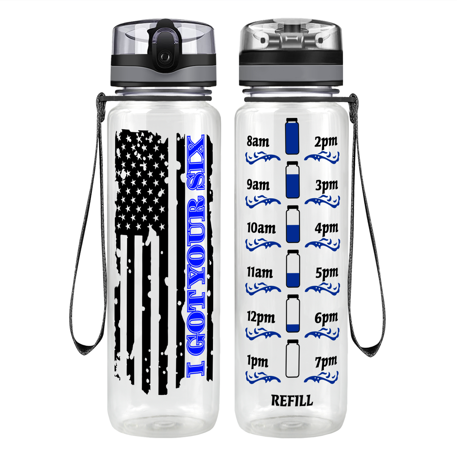 I Got Your Six Distressed Thin Blue Line Flag Motivational Tracking Water Bottle