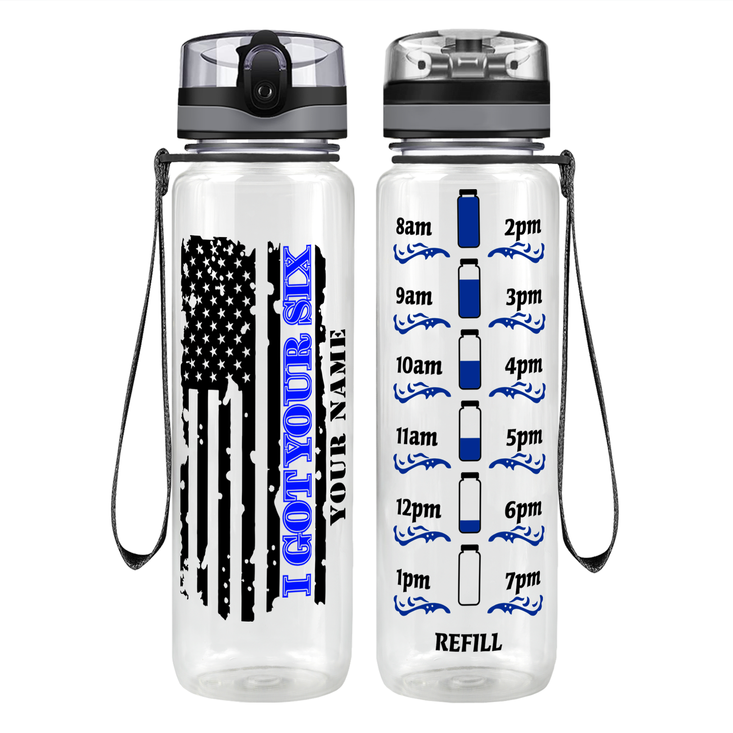 Personalized I Got Your Six Distressed Thin Blue Line Flag Motivational Tracking Water Bottle
