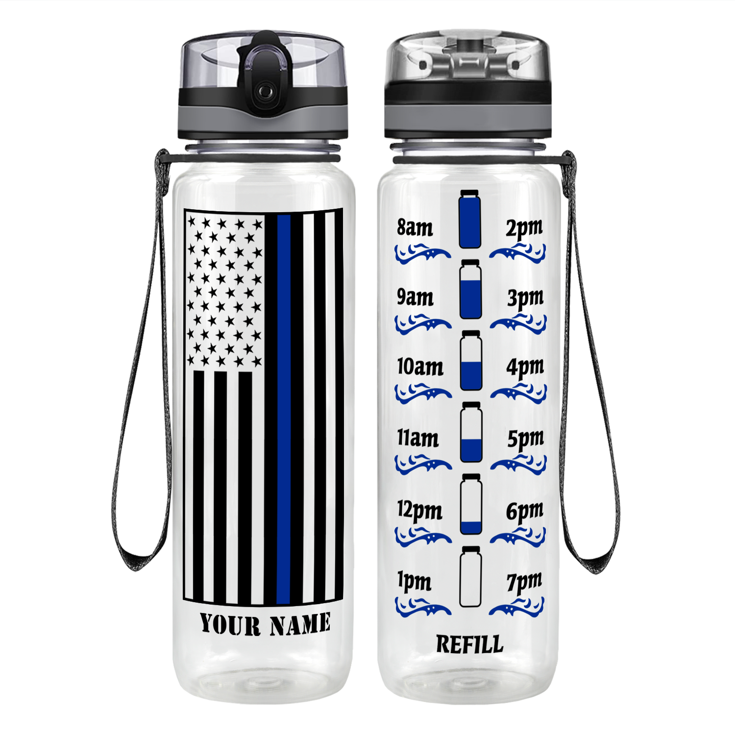 Personalized Thin Blue Line Flag Motivational Tracking Water Bottle