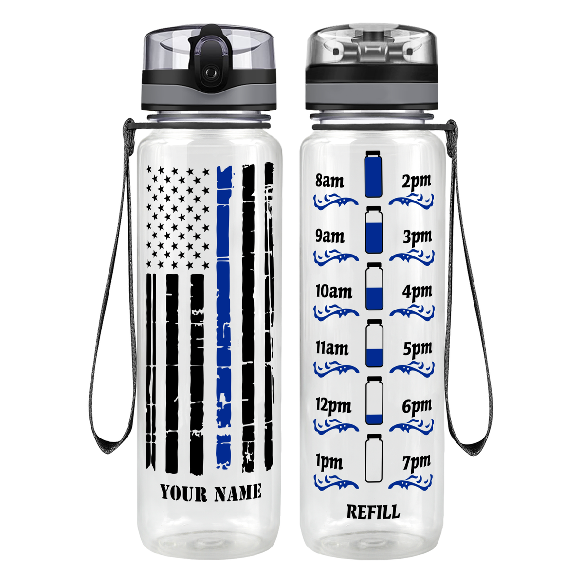 Personalized Distressed Thin Blue Line Flag on 32 oz Motivational Tracking Water Bottle