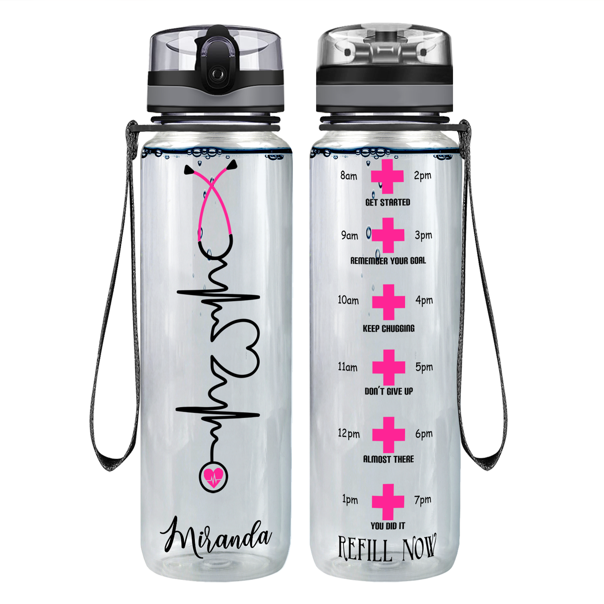 Personalized Nurse Heart Beat Stethoscope on 32oz Motivational Nurse Water Bottle