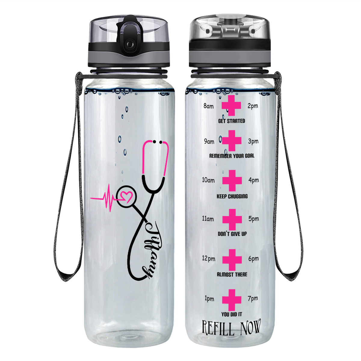 Personalized Nurse Pink Heart Stethoscope on 32oz Tracking Water Bottle