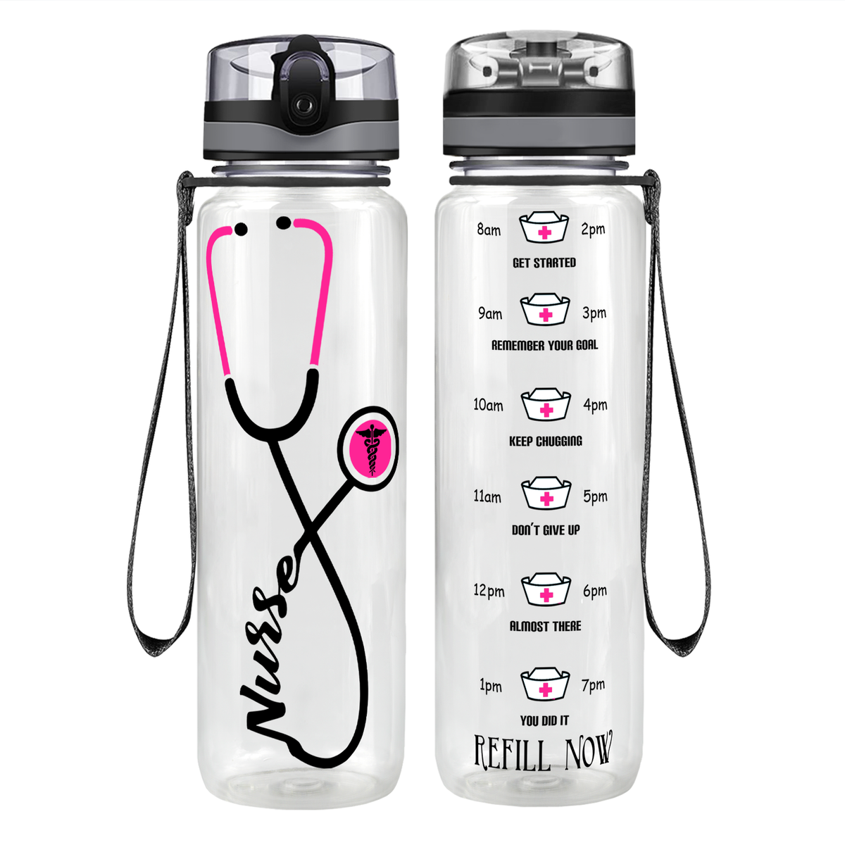 Personalized Nurse Pink Stethoscope on 32oz Motivational Tracking Water Bottle