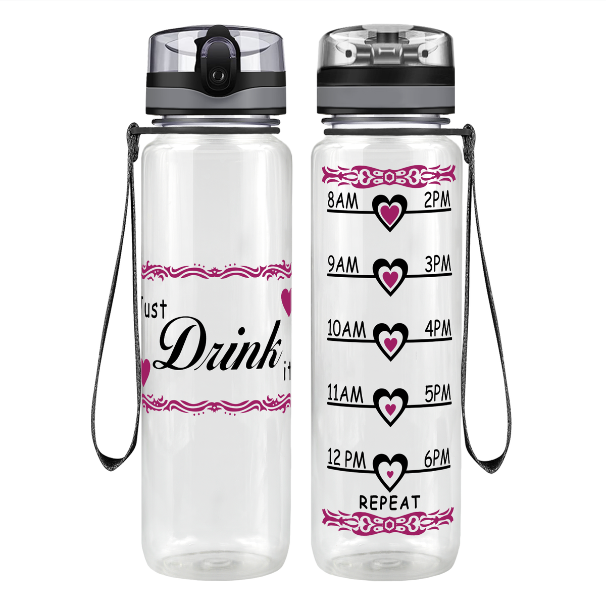 Just Drink It Heart on 32 oz Motivational Tracking Water Bottle
