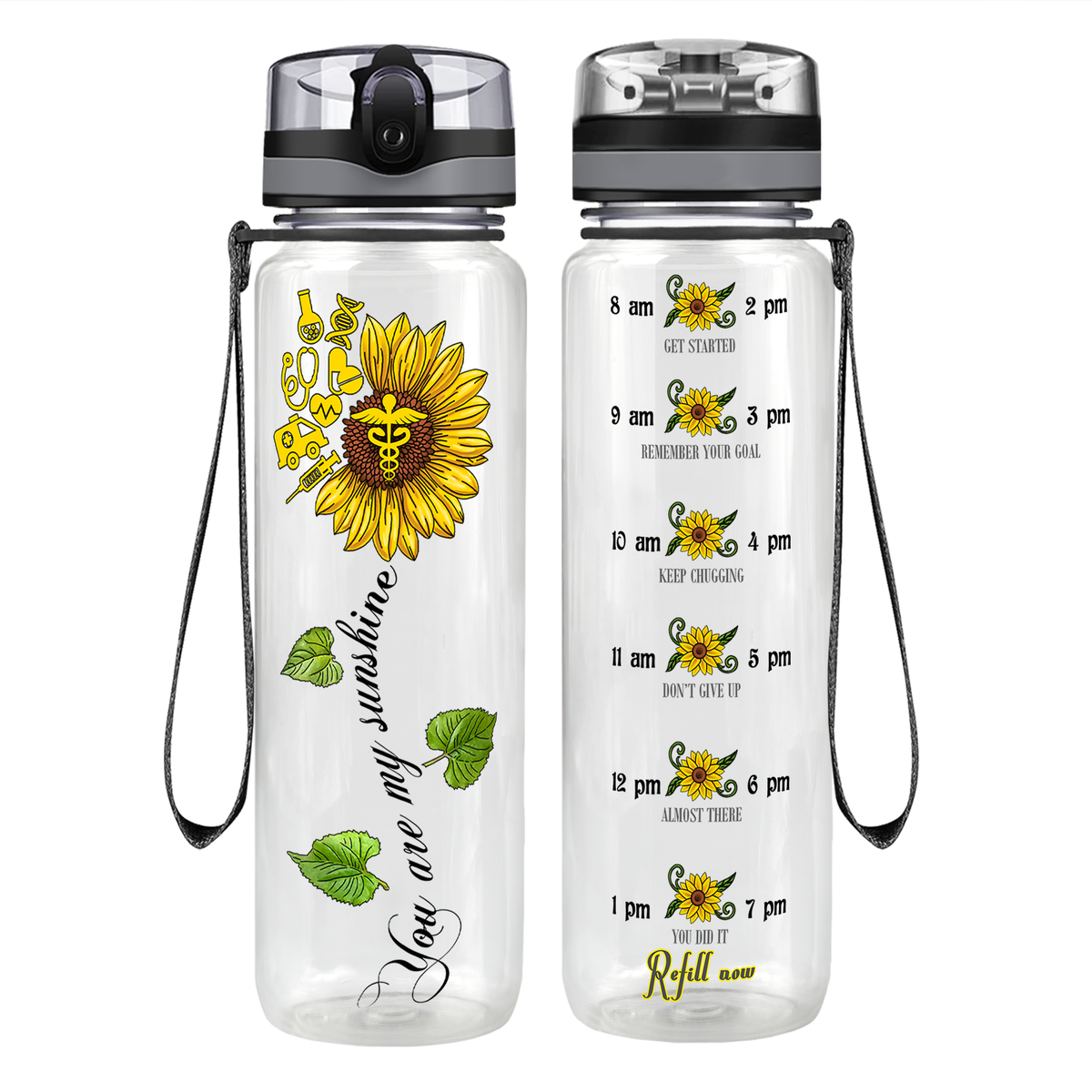 Nurse My Sunshine Sunflower on 32oz Motivational Tracking Water Bottle