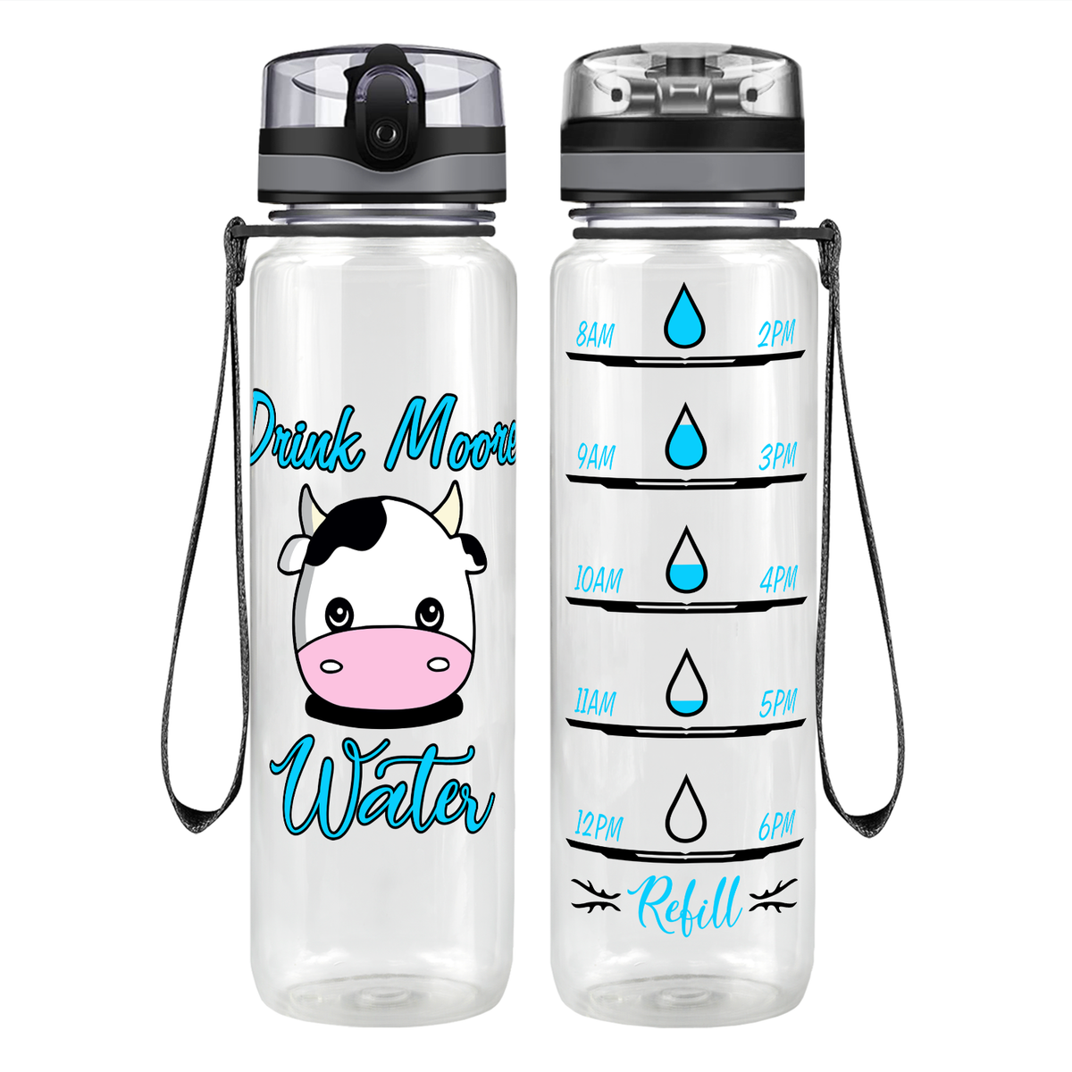 Drink Moo Water on 32 oz Motivational Tracking Water Bottle