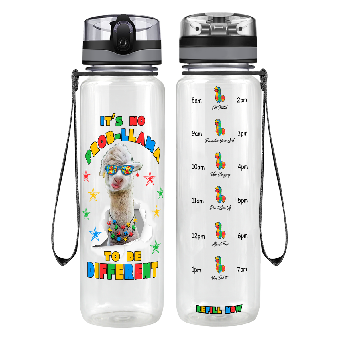 No Prob-llama Autism Stars on 32 oz Motivational Tracking Water Bottle