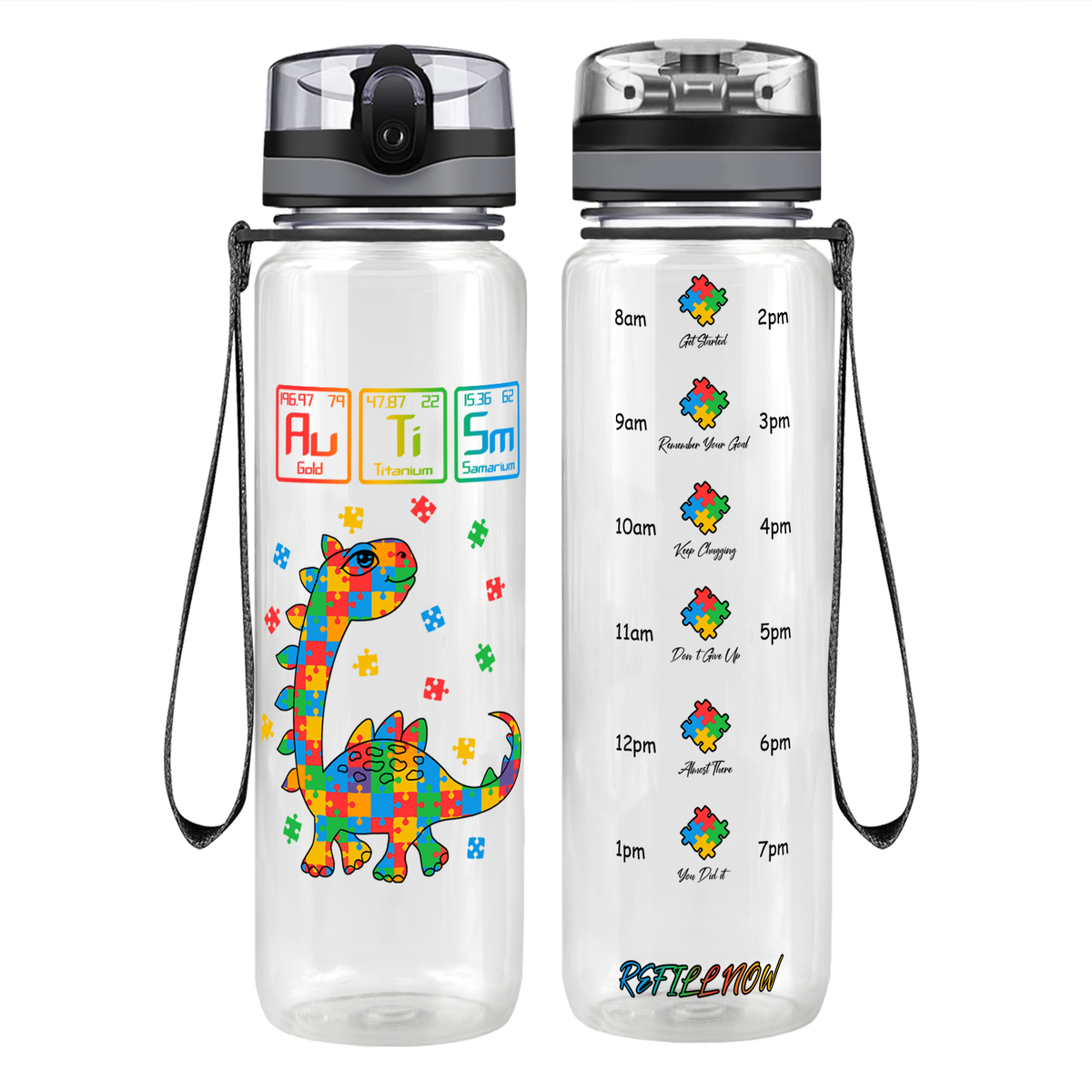 Scientific Autism Dinosaur Puzzle on 32 oz Motivational Tracking Water Bottle