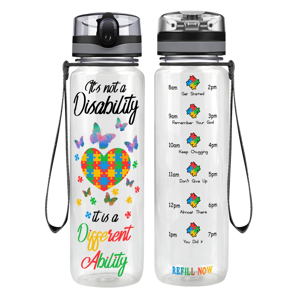 Autism Colorful Butterfly Different Ability on 32 oz Motivational Tracking Water Bottle