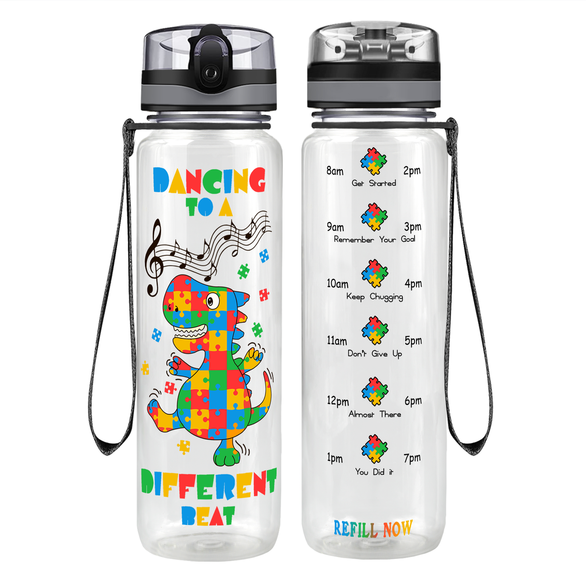 Dancing Dino Different Beat Autism on 32 oz Motivational Tracking Water Bottle
