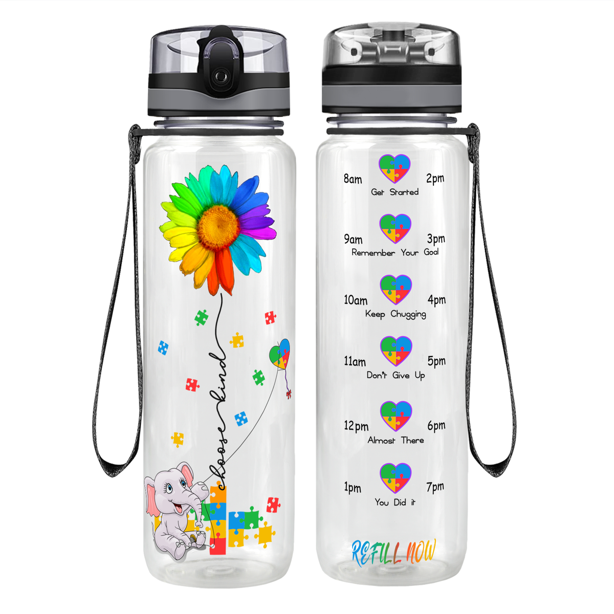 Autism Elephant Kindness Kite on 32 oz Motivational Tracking Water Bottle