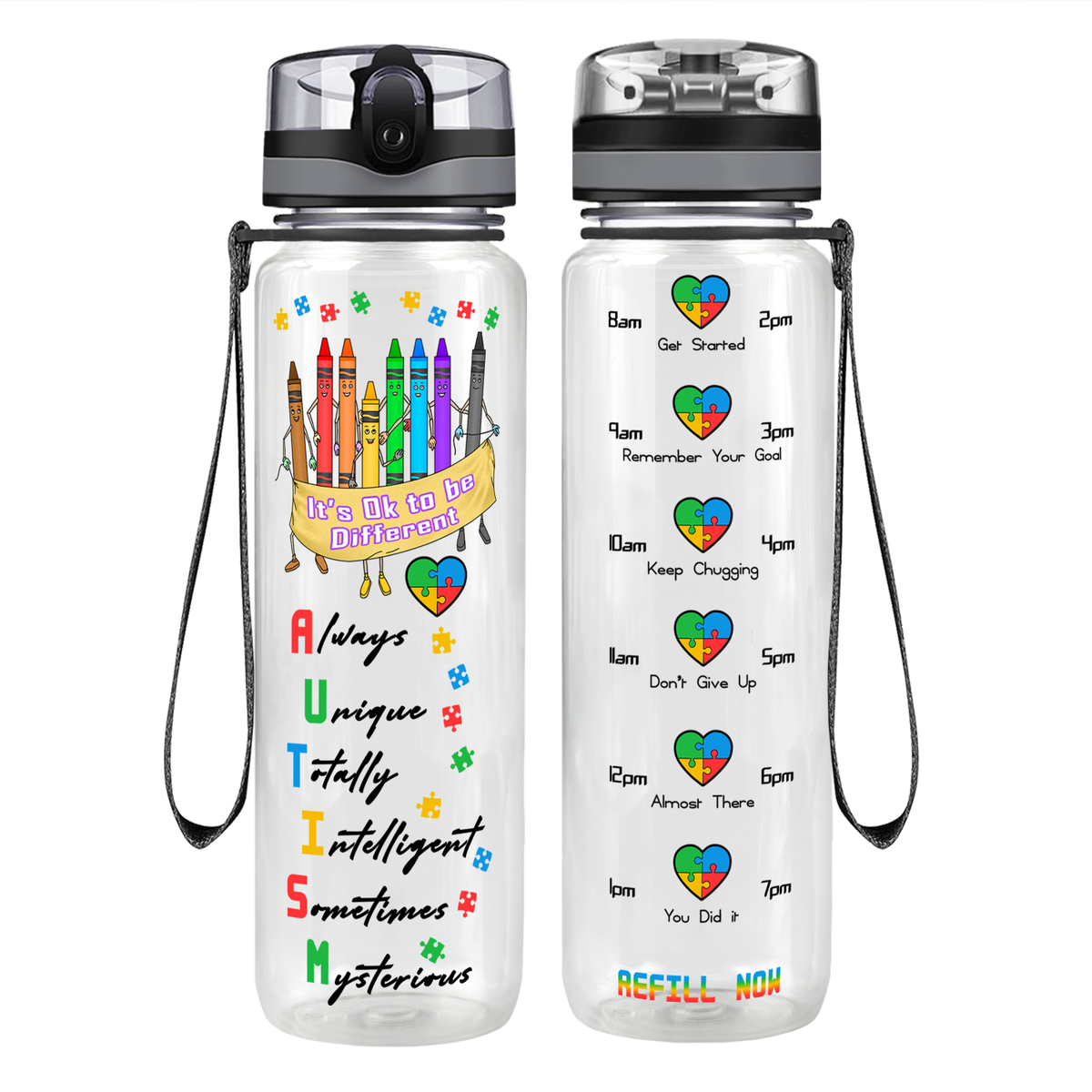 Colorful Autism Crayons on 32 oz Motivational Tracking Water Bottle
