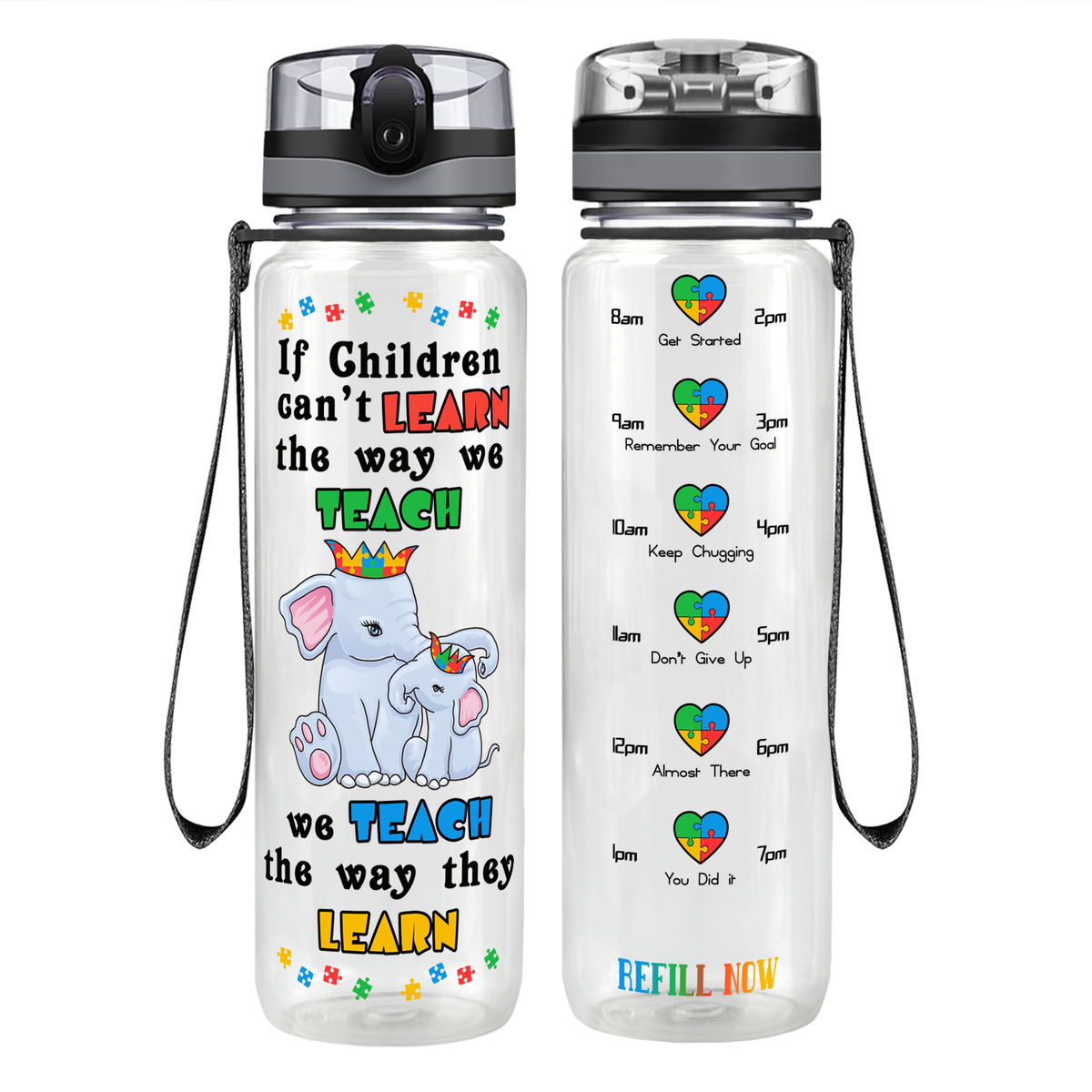 Teach The Way They Learn Elephants on 32 oz Motivational Tracking Autism Water Bottle
