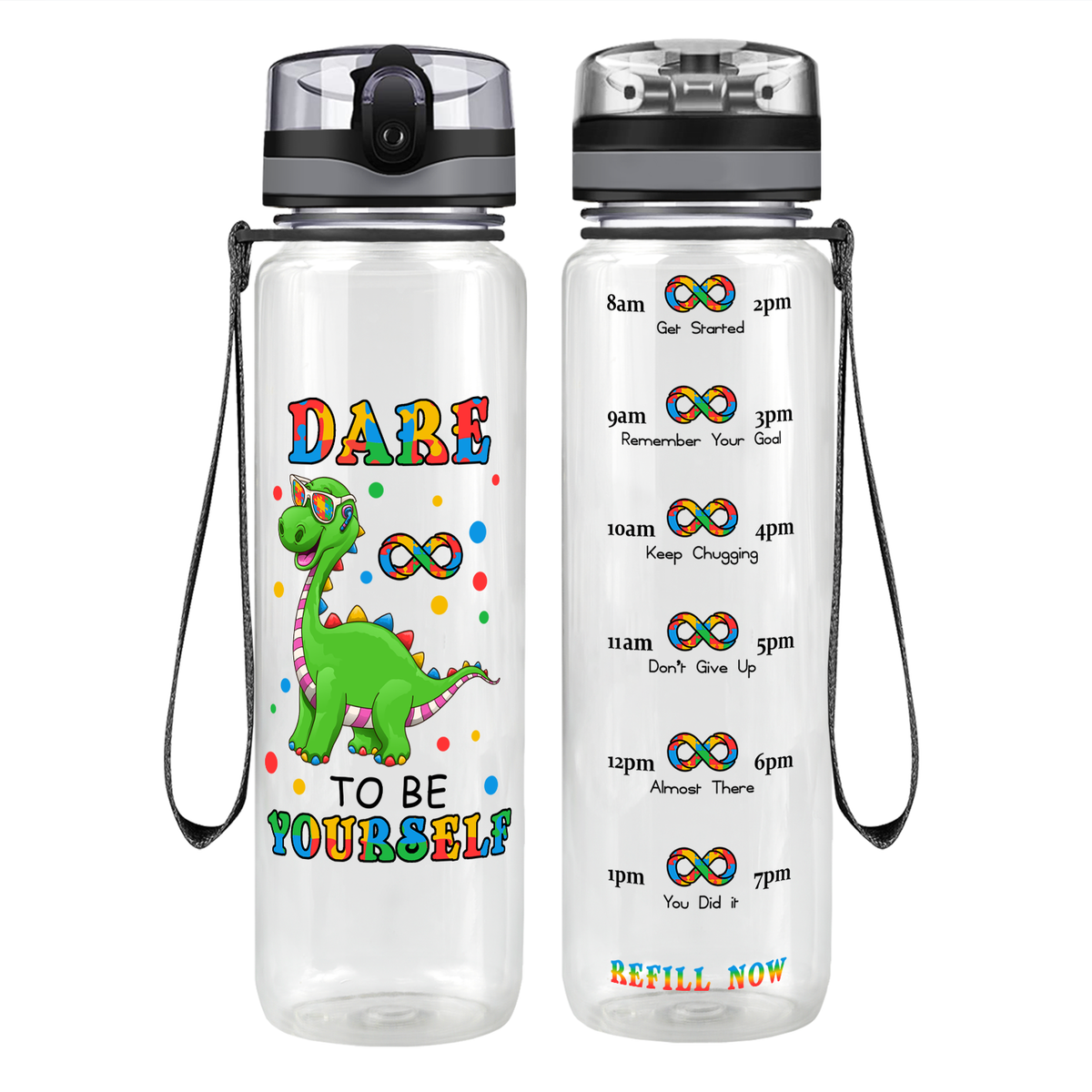 Dinosaur Dare To Be Yourself on 32 oz Motivational Tracking Autism Water Bottle