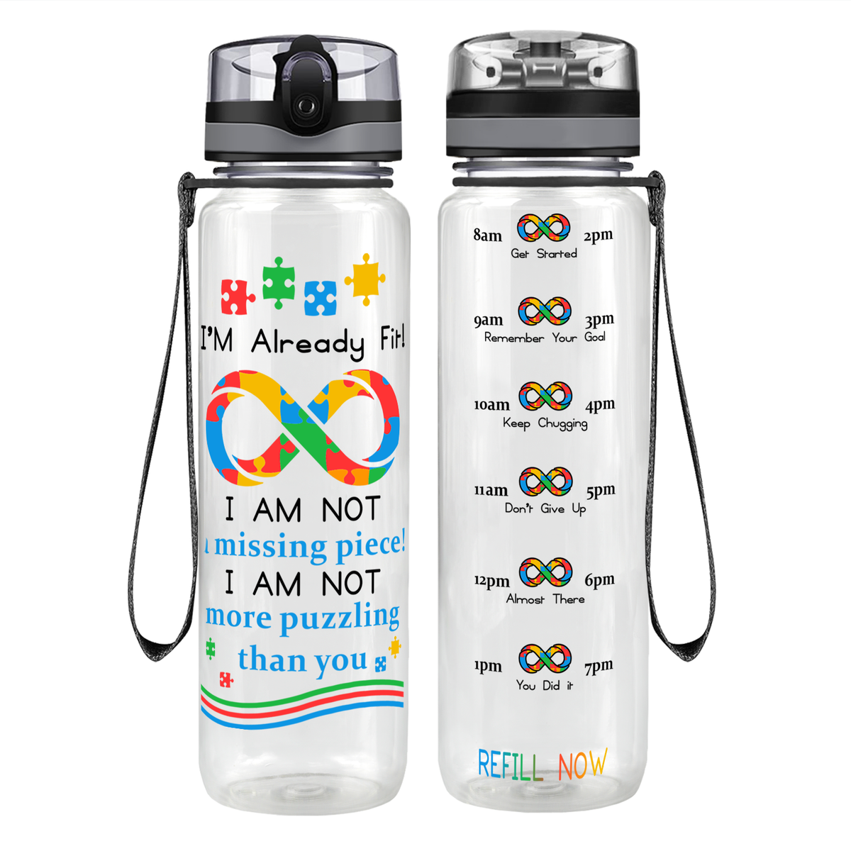 Already Fit Autism Infinity Puzzle on 32 oz Motivational Tracking Water Bottle