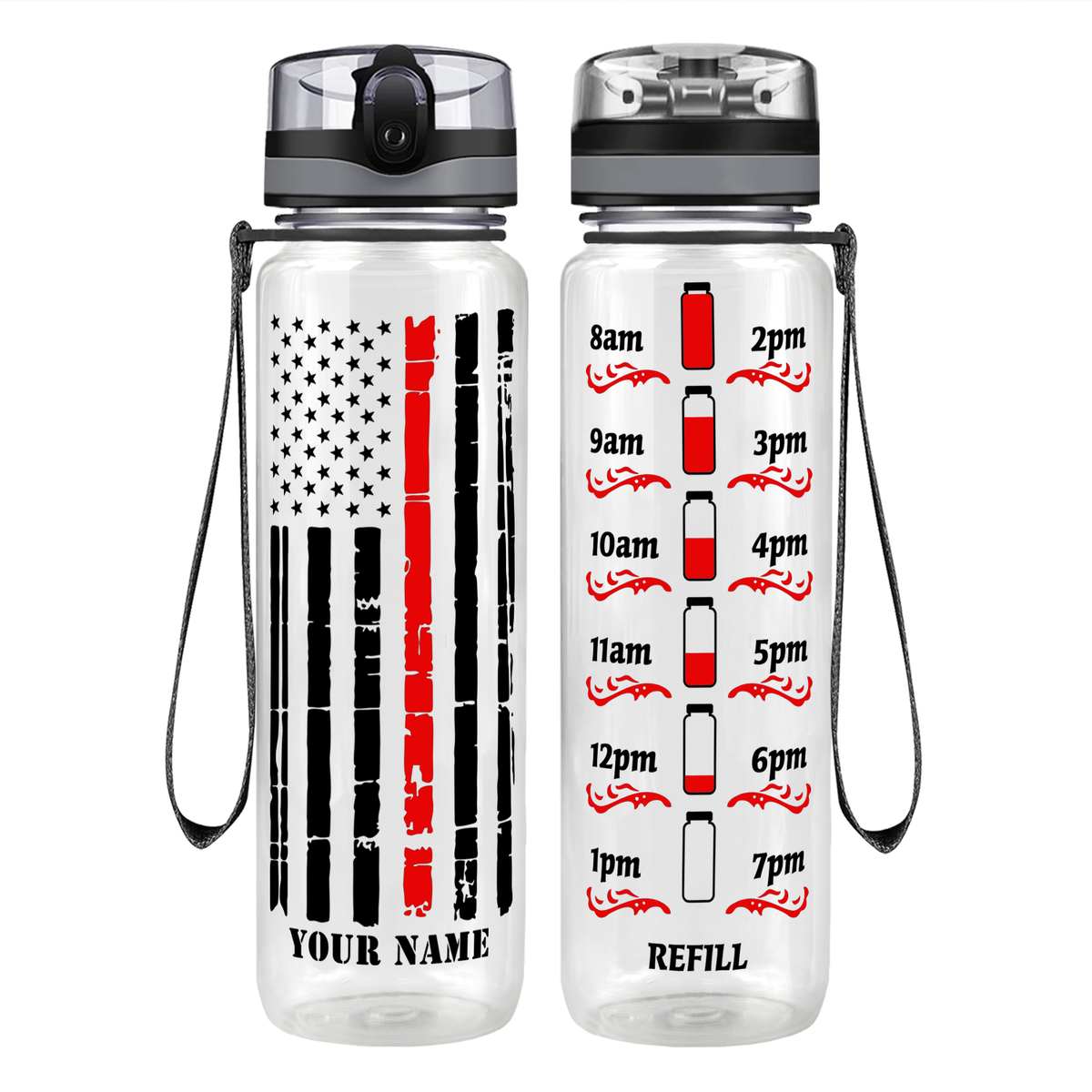 Personalized Distressed Thin Red Line Flag Motivational Tracking Water Bottle