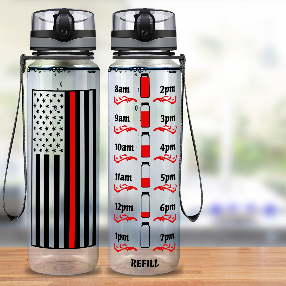 Thin Red Line Flag 32 oz Motivational Tracking Firefighter Water Bottle