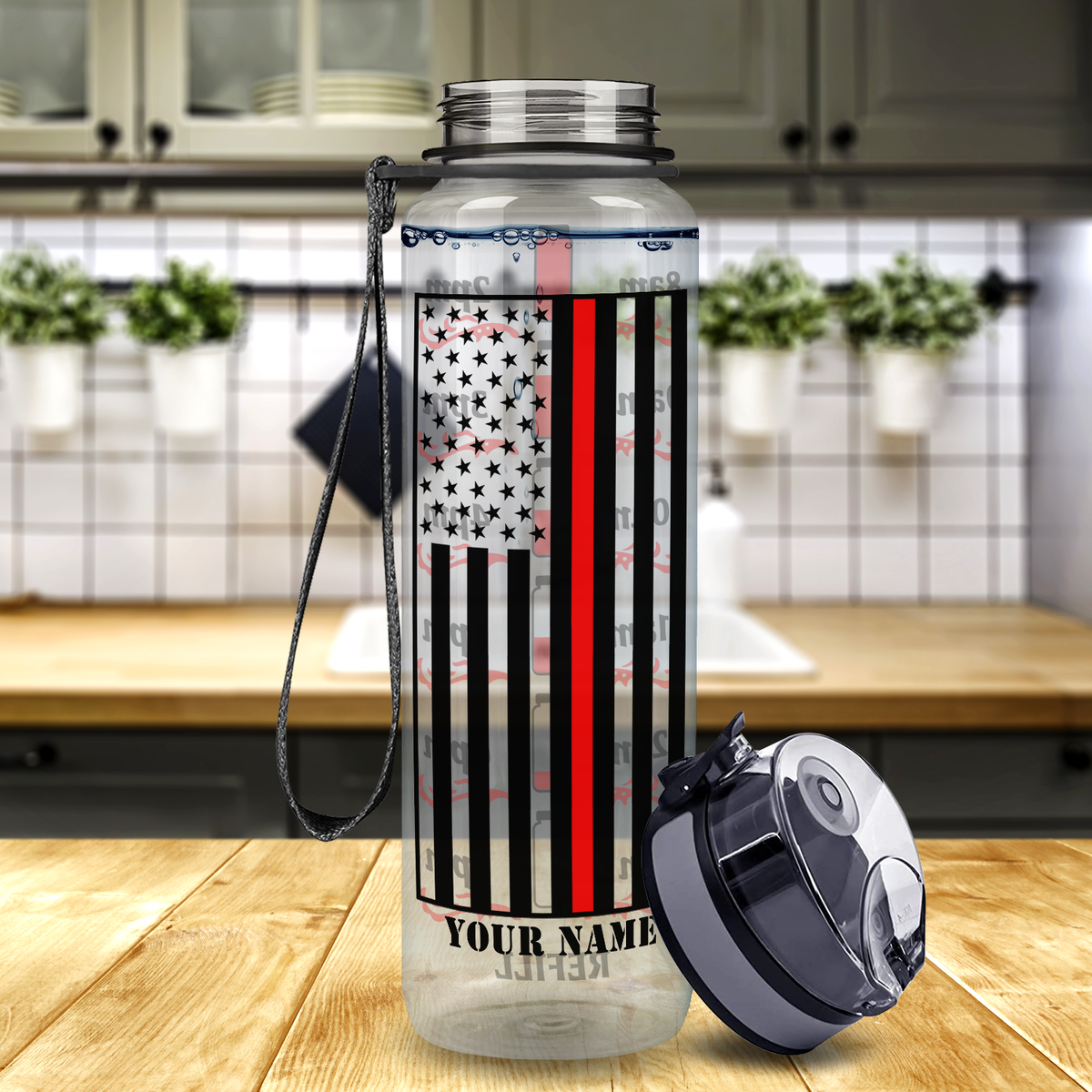 Personalized Thin Red Line Flag 32 oz Motivational Tracking Firefighter Water Bottle