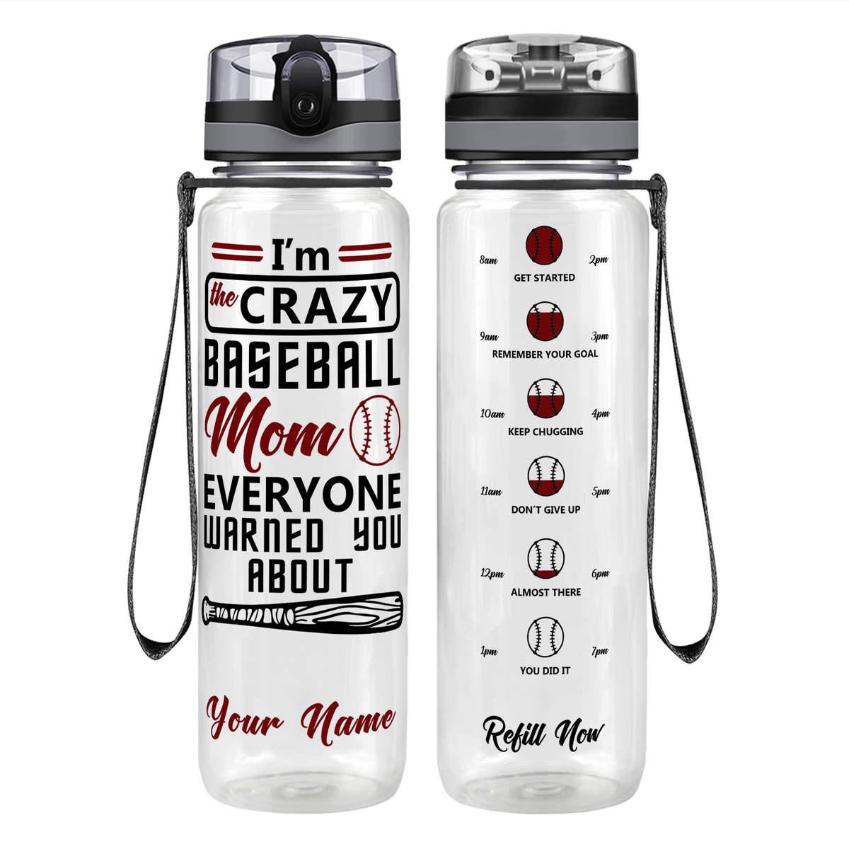 Personalized I'm the Crazy Baseball Mom on 32 oz Motivational Tracking Water Bottle