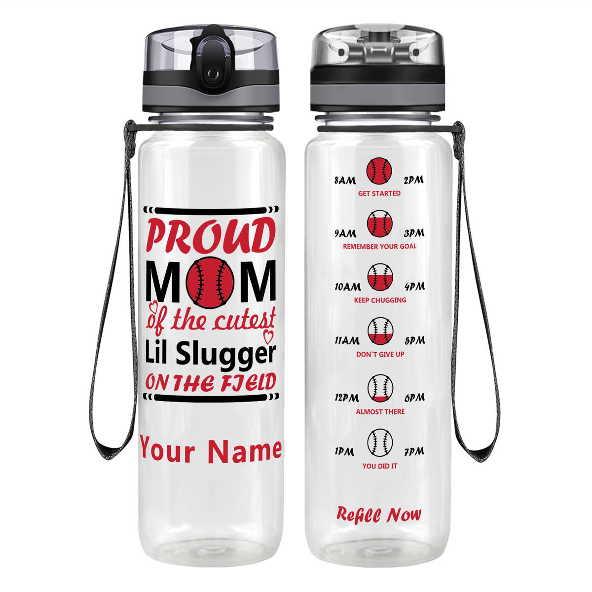 Personalized Proud Baseball Mom on 32 oz Motivational Tracking Water Bottle
