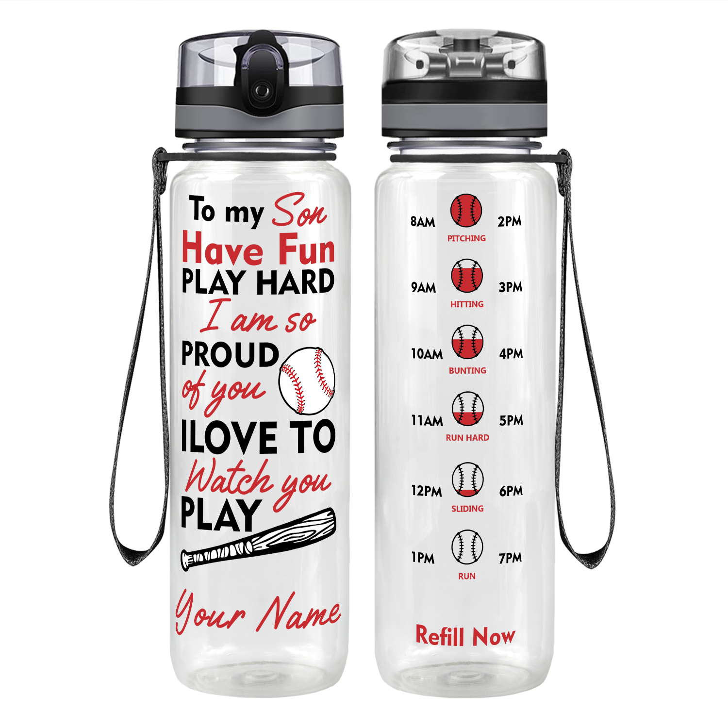 Personalized Play Hard Son Baseball on 32 oz Motivational Tracking Water Bottle