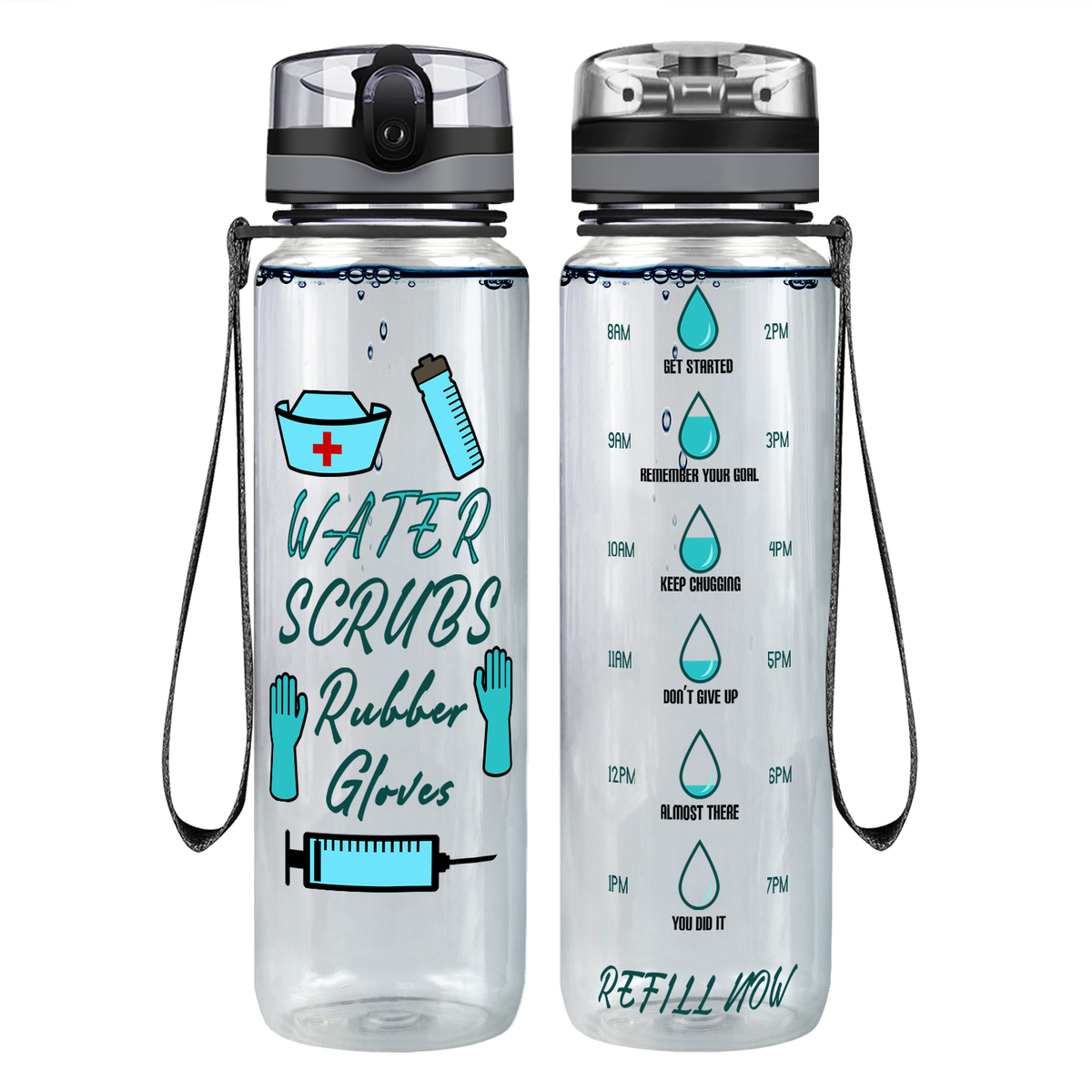 Water Scrubs Rubber Gloves Nurse on 32oz Motivational Tracking Water Bottle