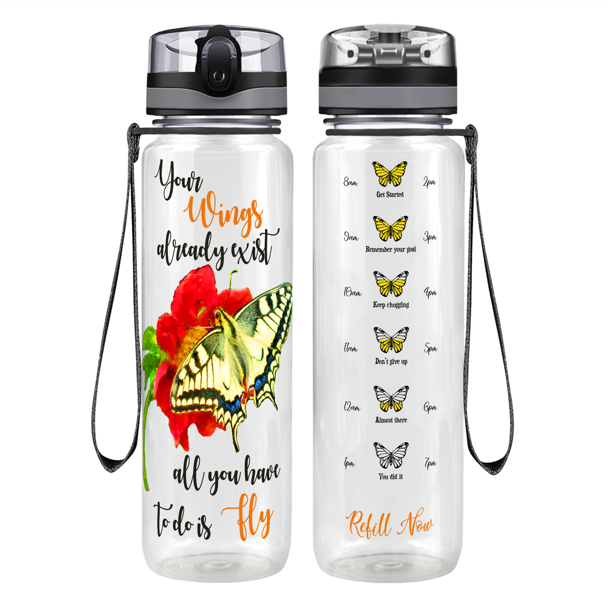 Your Wings Already Exist on 32 oz Motivational Tracking Water Bottle