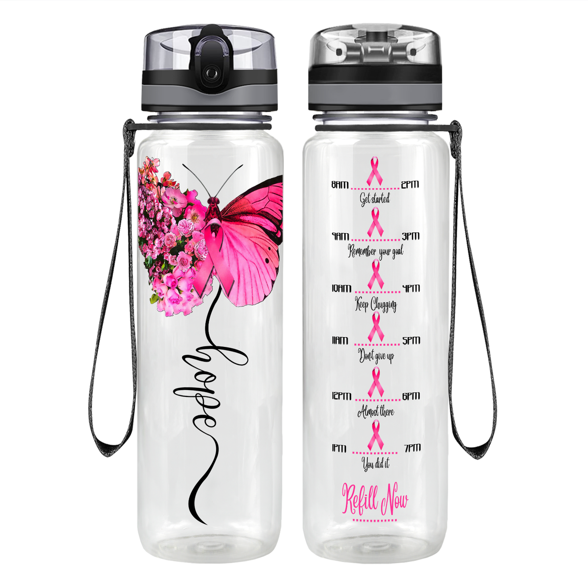 Breast Cancer Hope Butterfly on 32 oz Motivational Tracking Breast Cancer Awareness Water Bottle