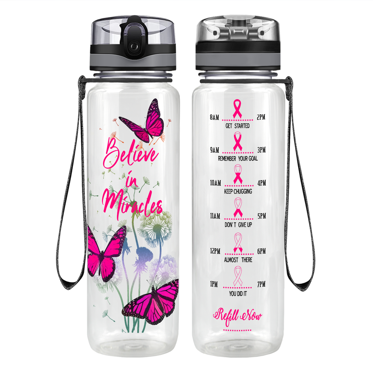 Believe in Miracles on 32 oz Motivational Tracking Breast Cancer Awareness Water Bottle