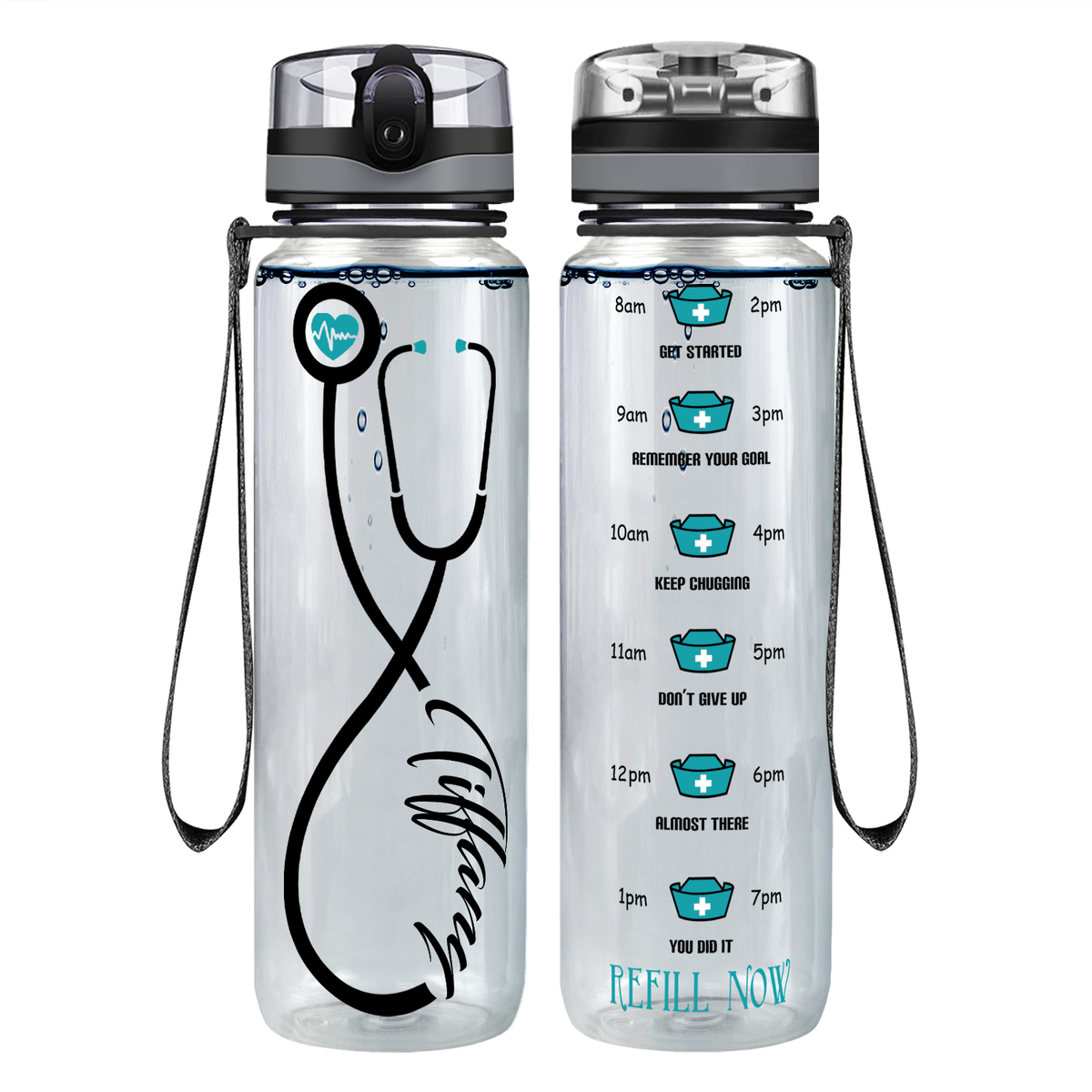Personalized Nurse Stethoscope Seafoam on 32oz Motivational Tracking Water Bottle