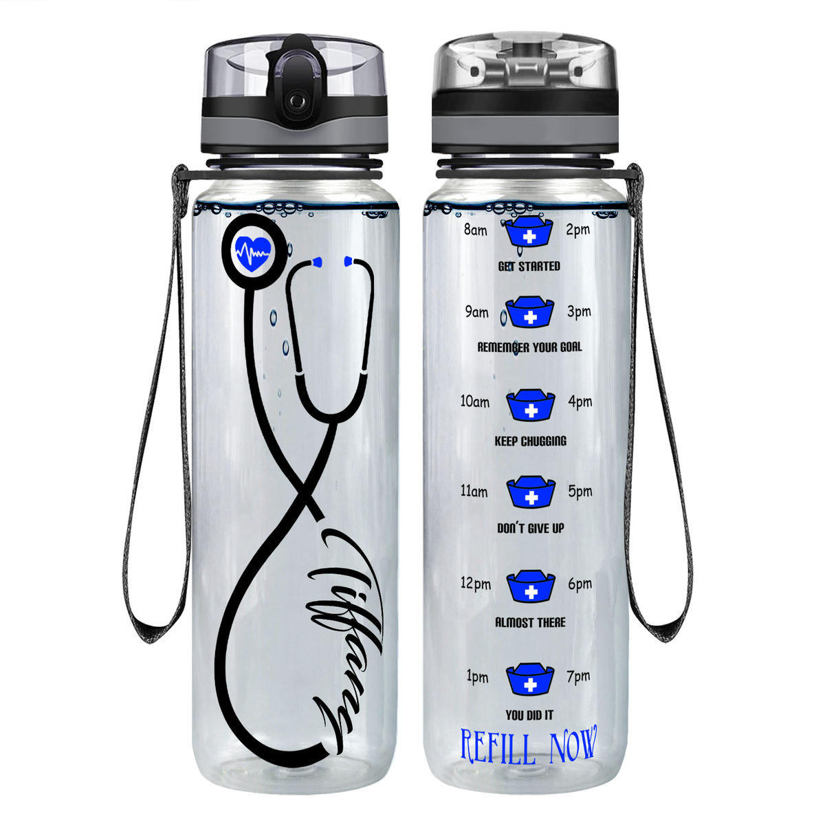 Personalized Nurse Stethoscope Blue on 32oz Motivational Tracking Water Bottle
