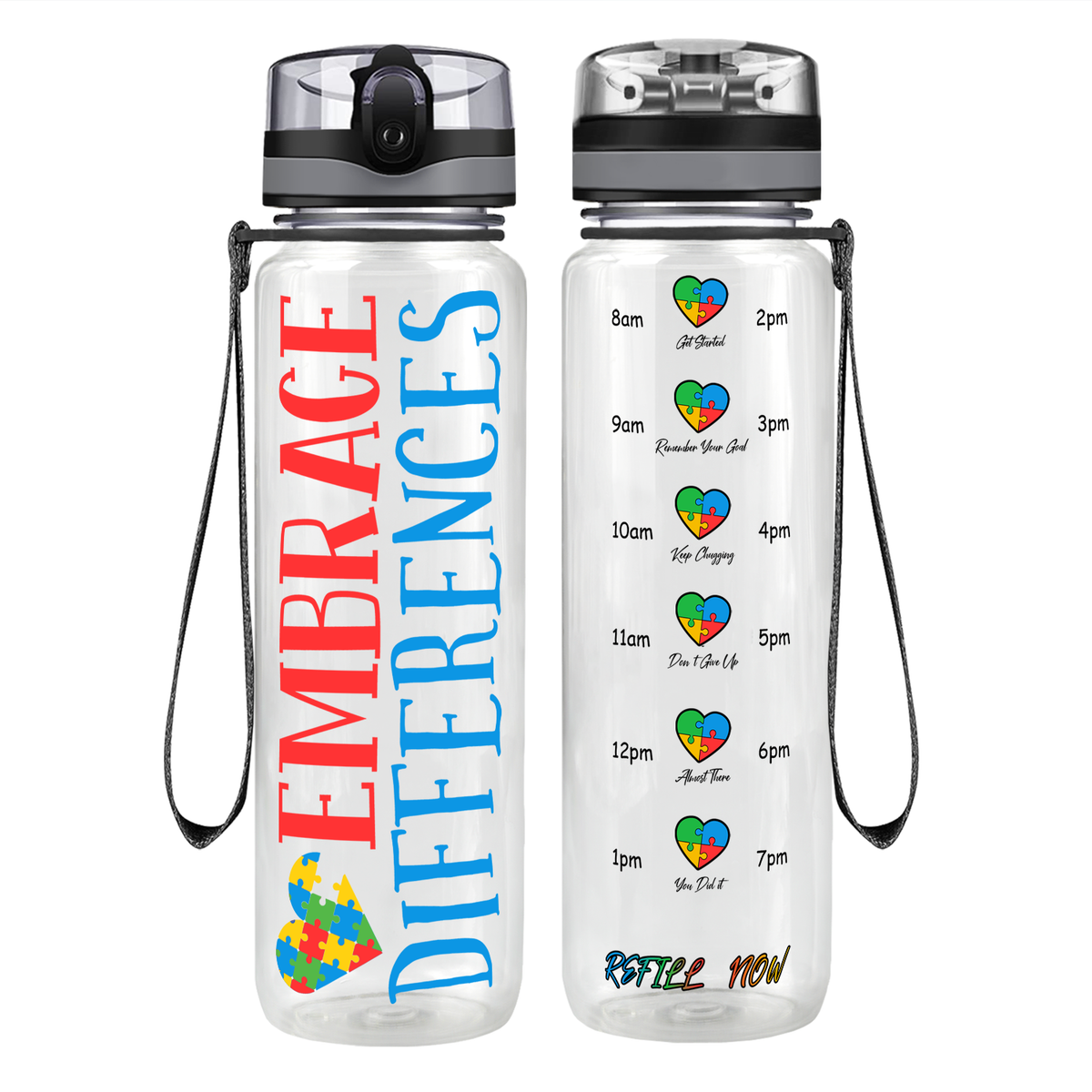 Embrace Differences on 32 oz Motivational Tracking Autism Water Bottle