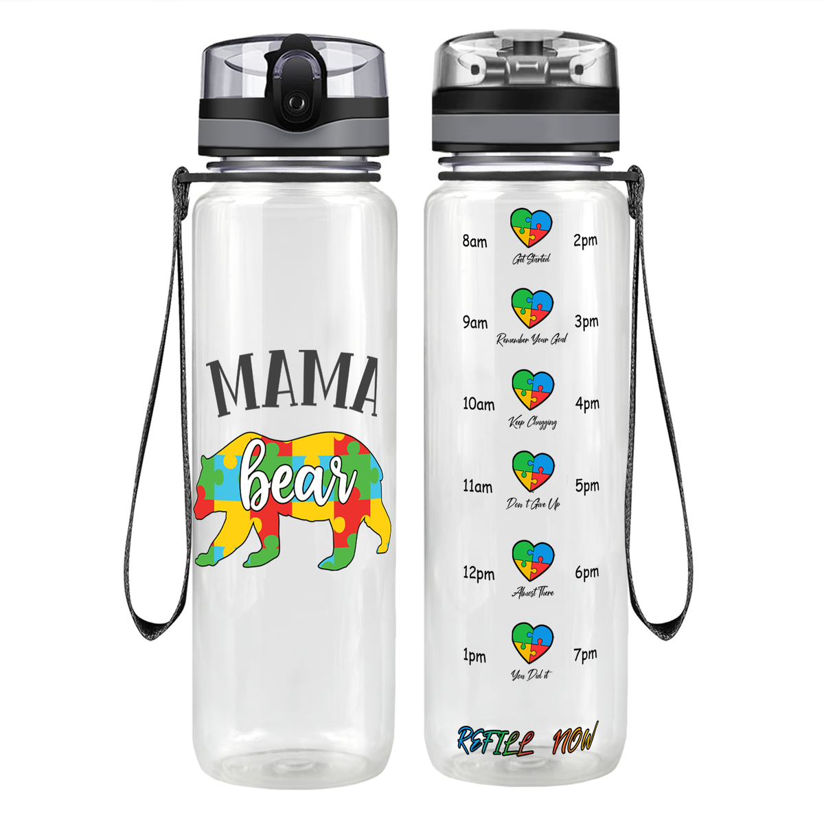 Autism Mama Bear on 32 oz Motivational Tracking Water Bottle
