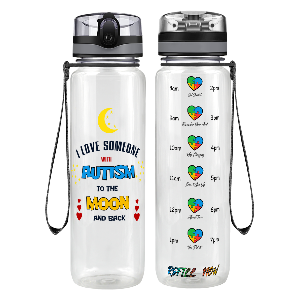 I Love Someone with Autism on 32 oz Motivational Tracking Water Bottle