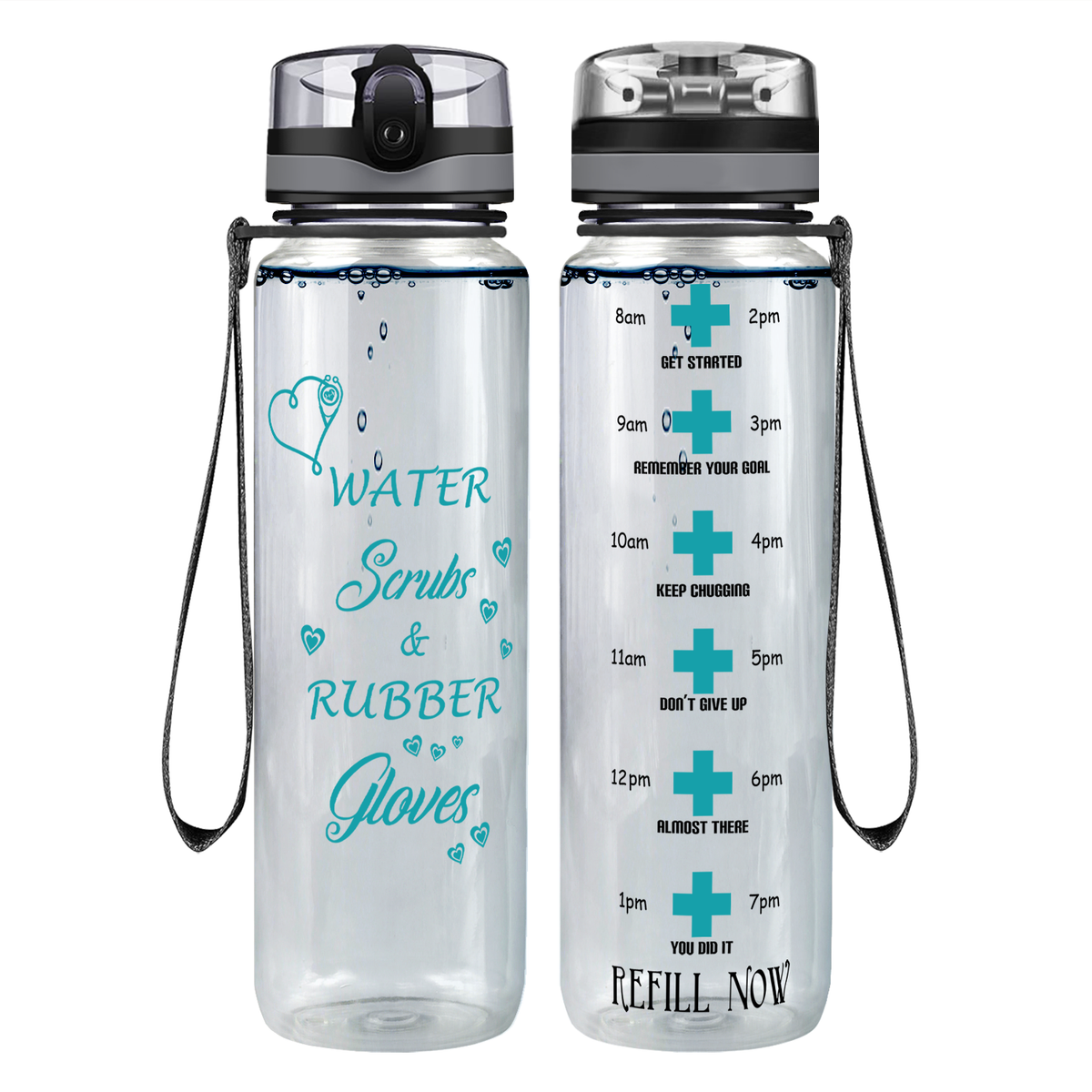 Water Scrubs and Rubber Gloves on 32oz Motivational Tracking Nurse Water Bottle