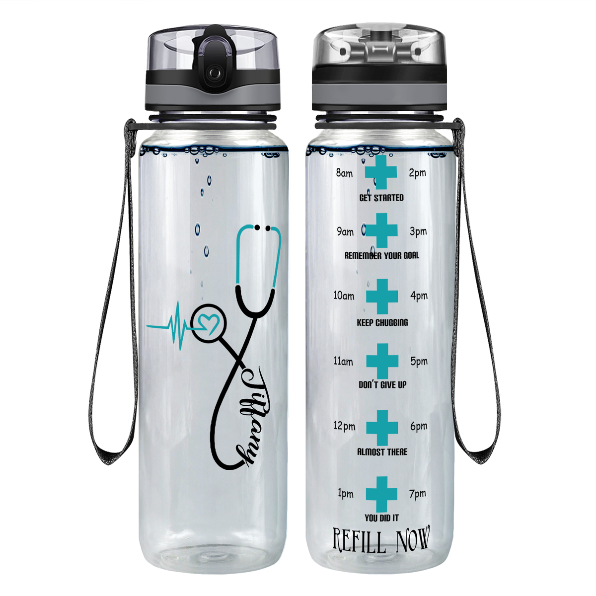 Personalized Seafoam Heart Nursing Stethoscope on 32oz Motivational Tracking Water Bottle